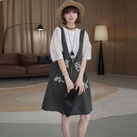 BY15538# 时尚棉麻刺绣背带裤搭圆领上衣显瘦两件套装 服裝批發女裝批發服飾貨源