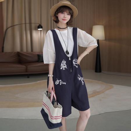 BY15538# 时尚棉麻刺绣背带裤搭圆领上衣显瘦两件套装 服裝批發女裝批發服飾貨源