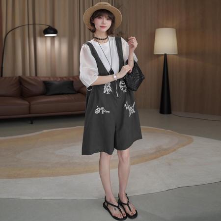 BY15538# 时尚棉麻刺绣背带裤搭圆领上衣显瘦两件套装 服裝批發女裝批發服飾貨源