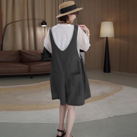 BY15538# 时尚棉麻刺绣背带裤搭圆领上衣显瘦两件套装 服裝批發女裝批發服飾貨源