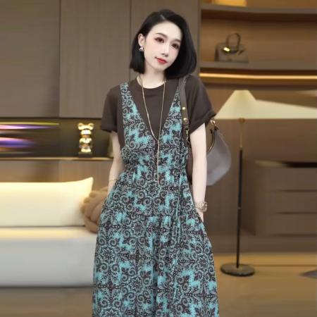BY15539# 夏季时尚新款复古收腰显瘦气质洋气减龄长款连衣裙子 服裝批發女裝批發服飾貨源