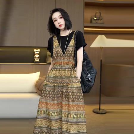 BY15539# 夏季时尚新款复古收腰显瘦气质洋气减龄长款连衣裙子 服裝批發女裝批發服飾貨源