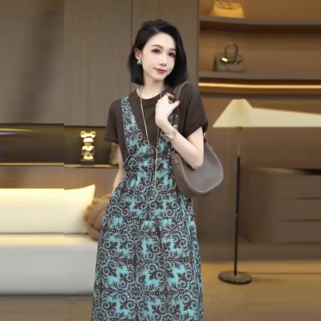 BY15539# 夏季时尚新款复古收腰显瘦气质洋气减龄长款连衣裙子 服裝批發女裝批發服飾貨源