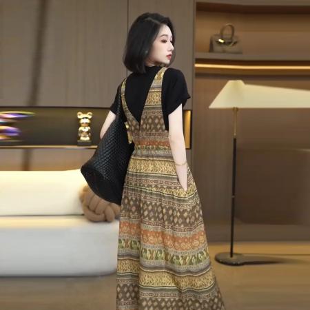 BY15539# 夏季时尚新款复古收腰显瘦气质洋气减龄长款连衣裙子 服裝批發女裝批發服飾貨源
