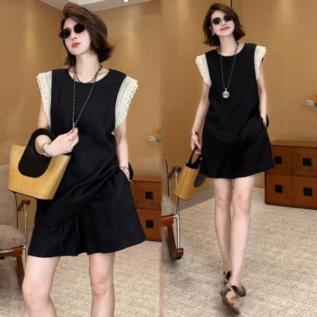 BY15540# 新款米兰假日双层蕾丝拼接上衣短裤套装 服裝批發女裝批發服飾貨源