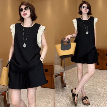 BY15540# 新款米兰假日双层蕾丝拼接上衣短裤套装 服裝批發女裝批發服飾貨源