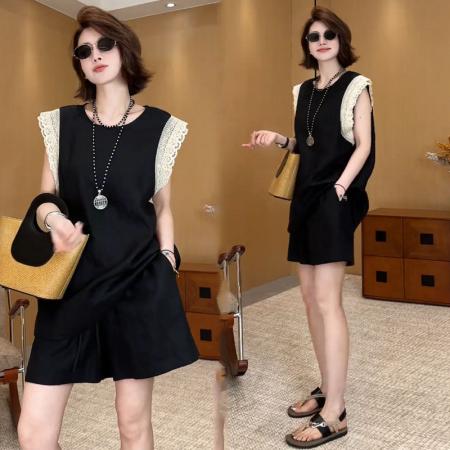 BY15540# 新款米兰假日双层蕾丝拼接上衣短裤套装 服裝批發女裝批發服飾貨源