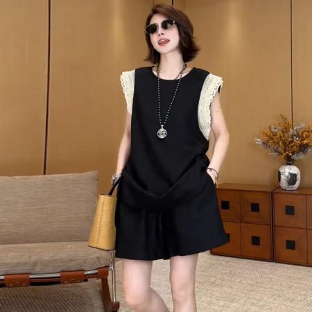 BY15540# 新款米兰假日双层蕾丝拼接上衣短裤套装 服裝批發女裝批發服飾貨源