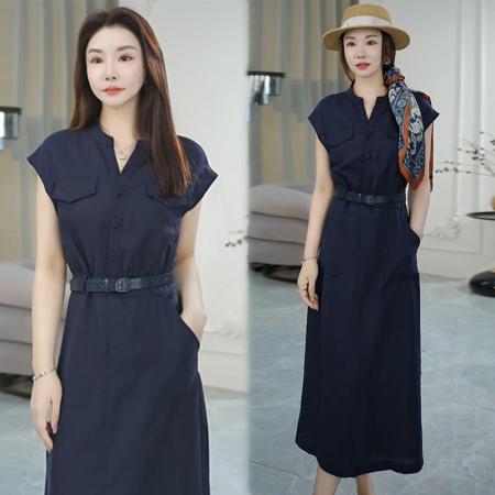 BY15543# 夏季显瘦轻奢气质小飞袖连衣裙时尚法式系带设计师长裙 服裝批發女裝批發服飾貨源