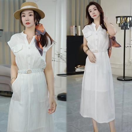 BY15543# 夏季显瘦轻奢气质小飞袖连衣裙时尚法式系带设计师长裙 服裝批發女裝批發服飾貨源