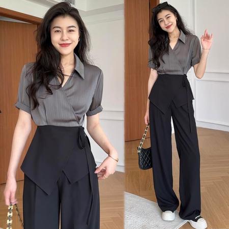 BY15544# 城市通勤王黑灰高级撞色收腰衬衫+显瘦直筒裤 服裝批發女裝批發服飾貨源