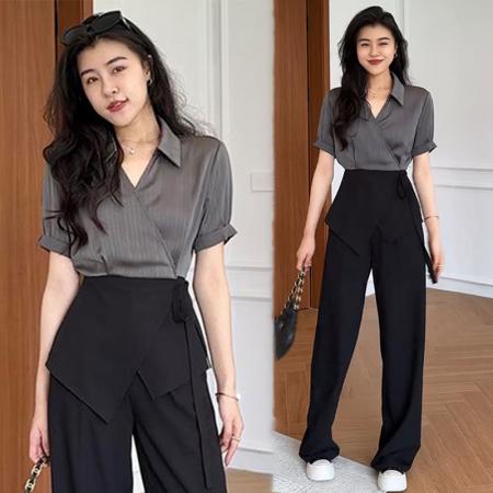 BY15544# 城市通勤王黑灰高级撞色收腰衬衫+显瘦直筒裤 服裝批發女裝批發服飾貨源
