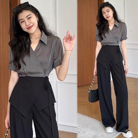 BY15544# 城市通勤王黑灰高级撞色收腰衬衫+显瘦直筒裤 服裝批發女裝批發服飾貨源