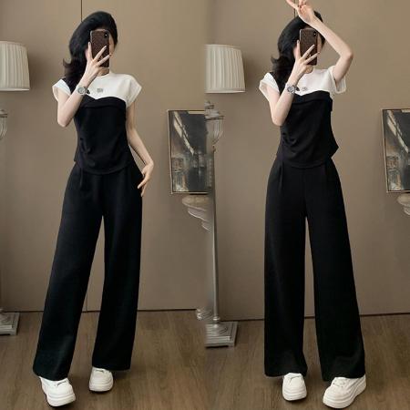 BY15546# 黑白拼色短袖时尚套装女夏季显瘦减龄运动休闲阔腿裤两件套 服裝批發女裝批發服飾貨源