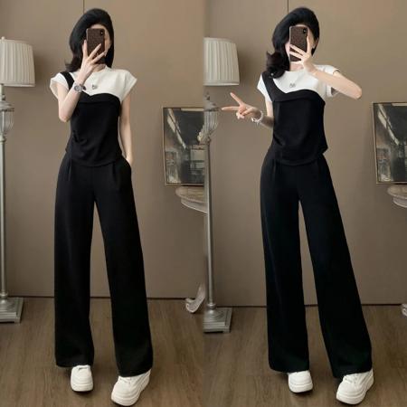 BY15546# 黑白拼色短袖时尚套装女夏季显瘦减龄运动休闲阔腿裤两件套 服裝批發女裝批發服飾貨源