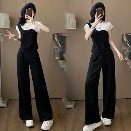 BY15546# 黑白拼色短袖时尚套装女夏季显瘦减龄运动休闲阔腿裤两件套 服裝批發女裝批發服飾貨源