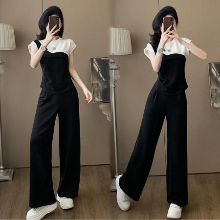 BY15546# 黑白拼色短袖时尚套装女夏季显瘦减龄运动休闲阔腿裤两件套 服裝批發女裝批發服飾貨源