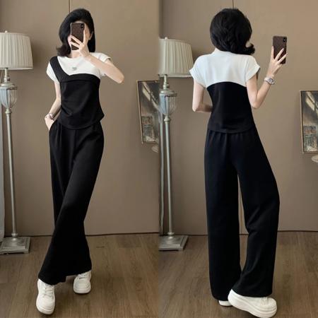 BY15546# 黑白拼色短袖时尚套装女夏季显瘦减龄运动休闲阔腿裤两件套 服裝批發女裝批發服飾貨源