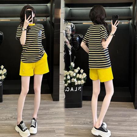 BY15550# 夏季新款休闲穿搭宽松条纹短袖短裤两件套减龄时尚套装女 服裝批發女裝批發服飾貨源