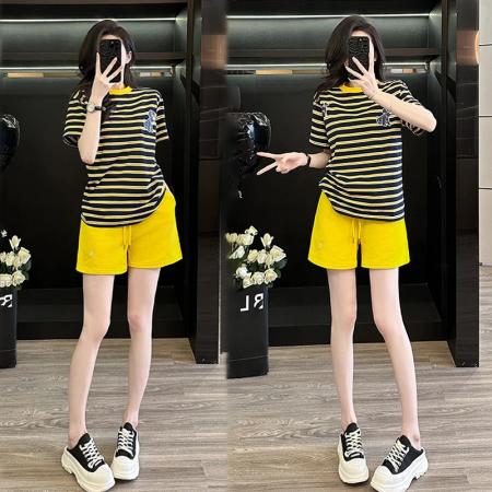BY15550# 夏季新款休闲穿搭宽松条纹短袖短裤两件套减龄时尚套装女 服裝批發女裝批發服飾貨源