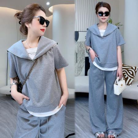 BY15553# 短袖T恤阔腿裤两件套大码女装显瘦套装夏季洋气 服裝批發女裝批發服飾貨源