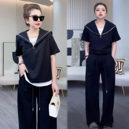 BY15553# 短袖T恤阔腿裤两件套大码女装显瘦套装夏季洋气 服裝批發女裝批發服飾貨源