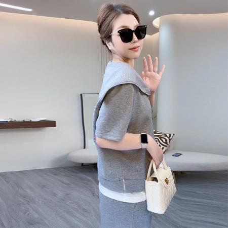 BY15553# 短袖T恤阔腿裤两件套大码女装显瘦套装夏季洋气 服裝批發女裝批發服飾貨源