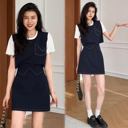 BY15559# 夏季睿智老钱立体版型明线假两件T恤+显瘦裙裤 服裝批發女裝批發服飾貨源