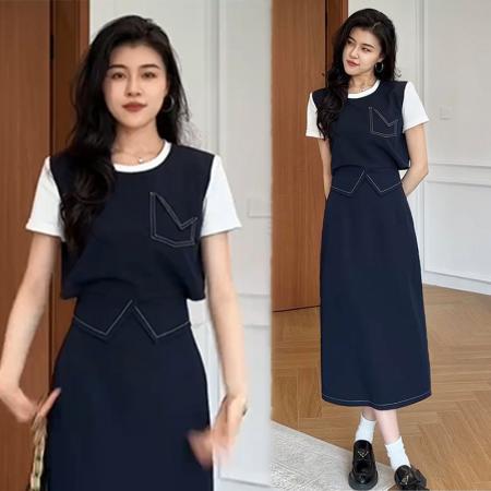 BY15559# 夏季睿智老钱立体版型明线假两件T恤+显瘦裙裤 服裝批發女裝批發服飾貨源