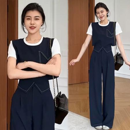 BY15559# 夏季睿智老钱立体版型明线假两件T恤+显瘦裙裤 服裝批發女裝批發服飾貨源