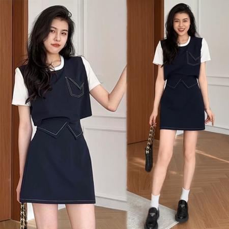 BY15559# 夏季睿智老钱立体版型明线假两件T恤+显瘦裙裤 服裝批發女裝批發服飾貨源