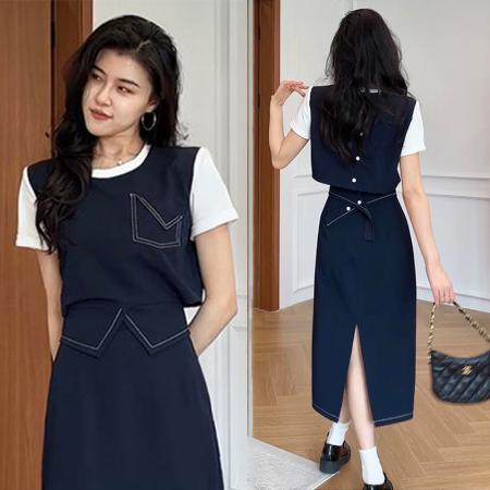 BY15559# 夏季睿智老钱立体版型明线假两件T恤+显瘦裙裤 服裝批發女裝批發服飾貨源