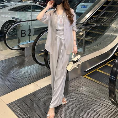 BY15560# 夏季新款遮肉显瘦气质防晒衬衫吊带背心松紧腰阔腿裤三件套 服裝批發女裝批發服飾貨源