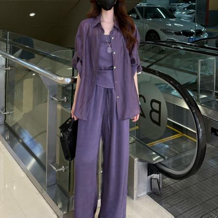 BY15560# 夏季新款遮肉显瘦气质防晒衬衫吊带背心松紧腰阔腿裤三件套 服裝批發女裝批發服飾貨源