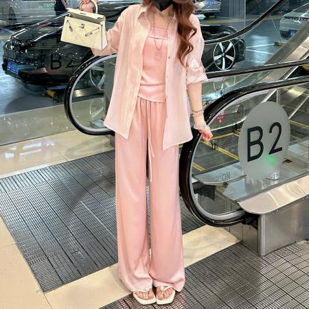 BY15560# 夏季新款遮肉显瘦气质防晒衬衫吊带背心松紧腰阔腿裤三件套 服裝批發女裝批發服飾貨源