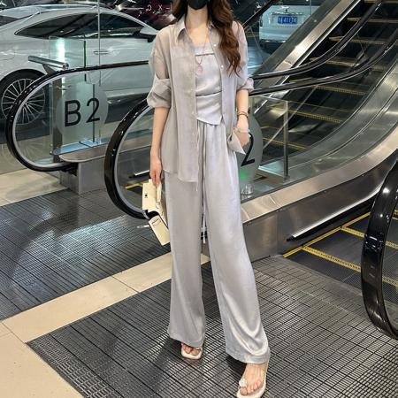 BY15560# 夏季新款遮肉显瘦气质防晒衬衫吊带背心松紧腰阔腿裤三件套 服裝批發女裝批發服飾貨源