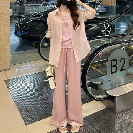 BY15560# 夏季新款遮肉显瘦气质防晒衬衫吊带背心松紧腰阔腿裤三件套 服裝批發女裝批發服飾貨源