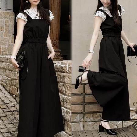 BY15564# 夏季新款洋气显瘦短袖上衣背带直筒阔腿裤两件套 服裝批發女裝批發服飾貨源