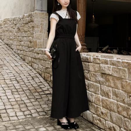 BY15564# 夏季新款洋气显瘦短袖上衣背带直筒阔腿裤两件套 服裝批發女裝批發服飾貨源