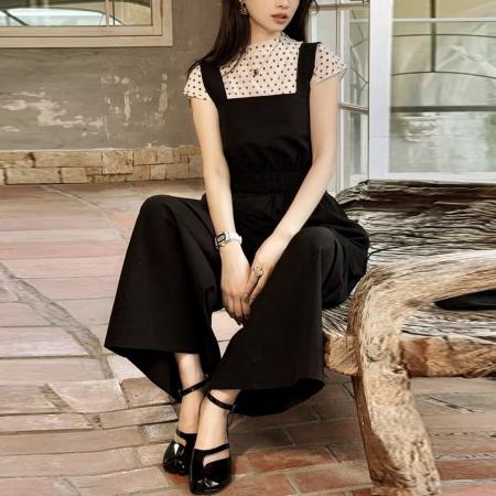 BY15564# 夏季新款洋气显瘦短袖上衣背带直筒阔腿裤两件套 服裝批發女裝批發服飾貨源