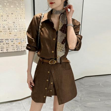 BY15565# 春夏新款多穿式复古气质翻领长衬衫收腰短裙套装 服裝批發女裝批發服飾貨源