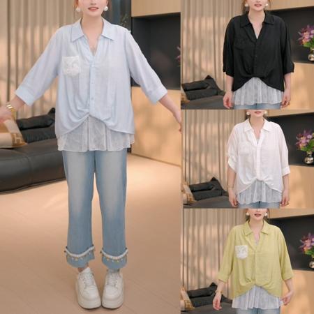 BY15566# 假两件衬衫上衣女夏季新款设计感蕾丝拼接上衣女 服裝批發女裝批發服飾貨源