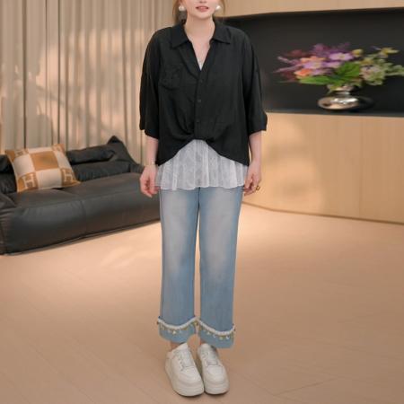 BY15566# 假两件衬衫上衣女夏季新款设计感蕾丝拼接上衣女 服裝批發女裝批發服飾貨源