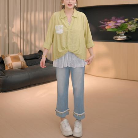 BY15566# 假两件衬衫上衣女夏季新款设计感蕾丝拼接上衣女 服裝批發女裝批發服飾貨源