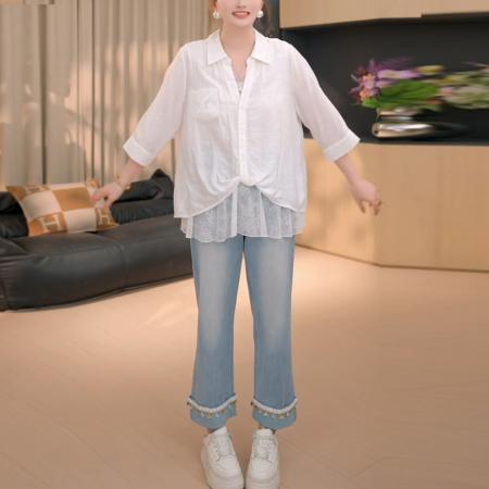 BY15566# 假两件衬衫上衣女夏季新款设计感蕾丝拼接上衣女 服裝批發女裝批發服飾貨源