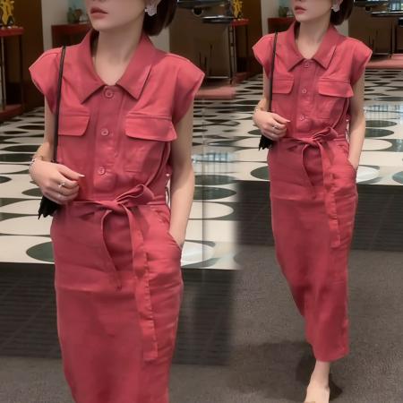 BY15567# 夏季新款度假通勤高智风亚麻开叉收腰显瘦衬衫连衣裙女 服裝批發女裝批發服飾貨源