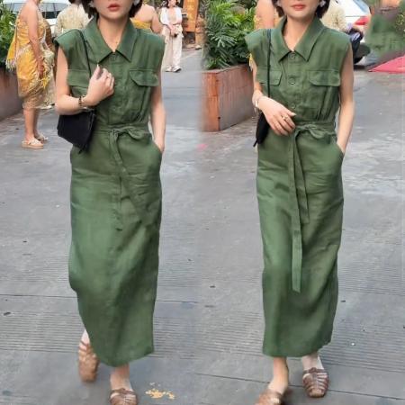 BY15567# 夏季新款度假通勤高智风亚麻开叉收腰显瘦衬衫连衣裙女 服裝批發女裝批發服飾貨源