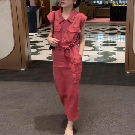 BY15567# 夏季新款度假通勤高智风亚麻开叉收腰显瘦衬衫连衣裙女 服裝批發女裝批發服飾貨源