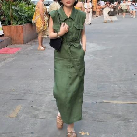 BY15567# 夏季新款度假通勤高智风亚麻开叉收腰显瘦衬衫连衣裙女 服裝批發女裝批發服飾貨源