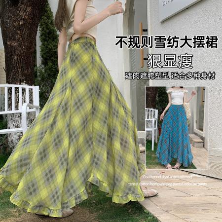 BY15568# 复古格纹不规则半身裙女夏季薄款高腰遮胯百搭大摆A字中长裙 服裝批發女裝批發服飾貨源